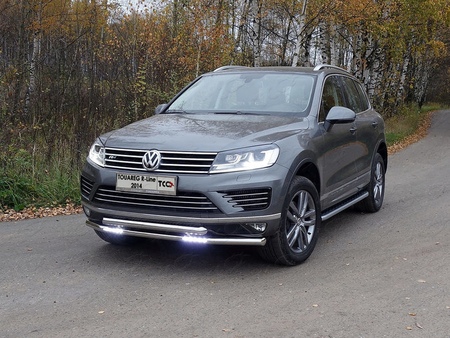 Защита переднего бампера (двойная  с ДХО ) 60,3/60,3 мм Volkswagen Touareg R-Line (2014-2018) VWTOUARRL14-10