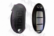 Кожаный чехол для ключа (фиолетовая нить) 3 кнопки Infiniti G (2007-2014)