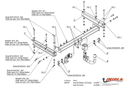 Фаркоп Imiola c быстросъемным шаром для Audi A4 кроме S-line (2008-2015) A.A14