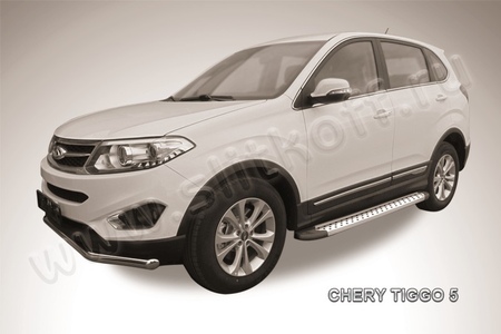 Пороги алюминиевые Slitkoff Standart Silver серебристые Chery Tiggo 5 (2014-2020) AL-CT5-005