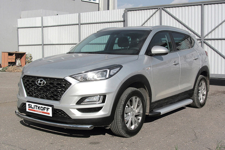 Пороги алюминиевые Slitkoff Optima Silver серебристые Hyundai Tucson (2018-2021) AL-HT18002