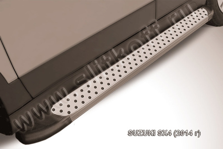 Пороги алюминиевые Slitkoff Standart Silver серебристые Suzuki SX4 (2014-2021) AL-SSX4005