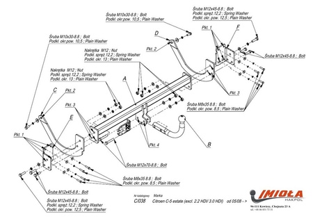 Фаркоп Imiola для Citroen C5 универсал (кроме 2.2 HDI / 3.0 HDI) (2008-2017) C.038