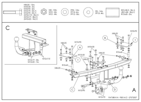 Фаркоп оцинкованный с быстросъемным шаром Galia для FIAT Bravo хетчбек 5 дверей (1995-2001) F001C