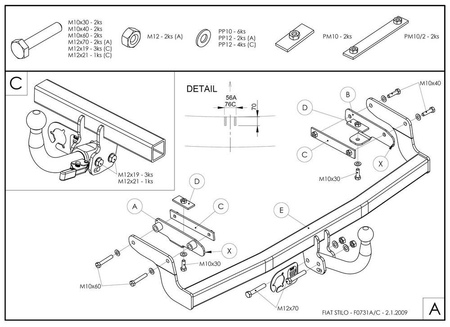 Фаркоп оцинкованный с быстросъемным шаром Galia для FIAT Stilo хетчбек (2001-2007) F073C