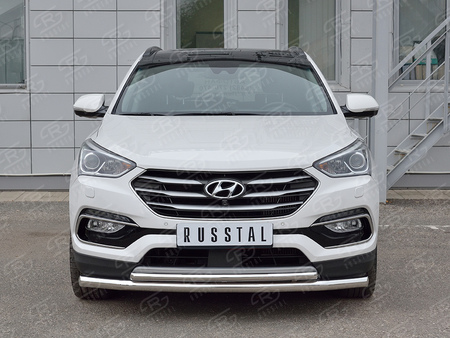 Защита переднего бампера d63 секция-d42 дуга RUSSTAL Hyundai Santa Fe Premium (2015-2017) HSFPZ-002443