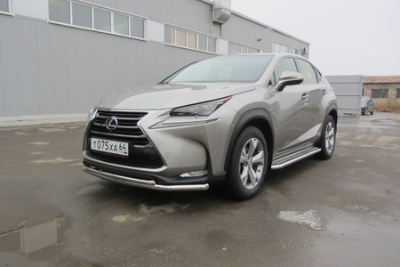 Защита переднего бампера d57+d42 двойная радиусная Lexus NX 300h (2014-2021) LNX004