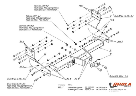 Фаркоп Imiola для Volkswagen Crafter 3650 мм, 4320 мм фургон со ступенькой (2006-2020) M.031