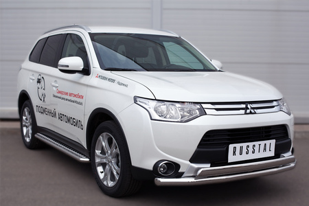 Пороги труба d42 с листом (лист алюминий, профиль нержавеющий) вариант 1 RUSSTAL Mitsubishi Outlander (2014-2019) MORL-001904