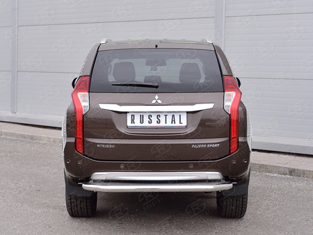 Защита заднего бампера d63 с листом (нержавеющий лист, профиль нержавеющий) вариант 3 RUSSTAL Mitsubishi Pajero Sport (2016-2021) MPJSZ-0024873