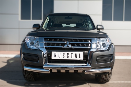 Защита переднего бампера d76 дуга d76х2 дуга+клыки RUSSTAL Mitsubishi Pajero (2014-2024) MPZ-002046