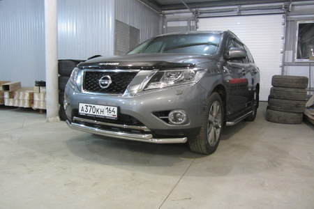 Защита переднего бампера d57+d57 двойная Nissan Pathfinder (2014-2017) NIP14-005