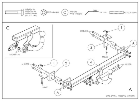 Фаркоп оцинкованный с быстросъемным шаром Galia для Opel Zafira (1999-2005) O056C