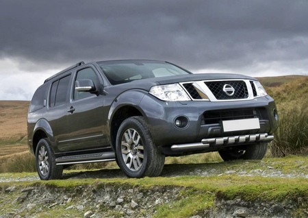 Защита переднего бампера d76+d57 с профильной защитой картера Nissan Pathfinder (2010-2014) R.4105.016