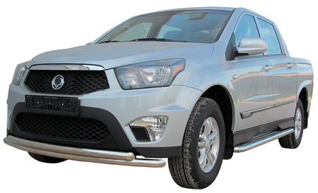 Защита переднего бампера d57+d57 двойная радиусная SsangYong Actyon sport (2013-2015) SYAS003