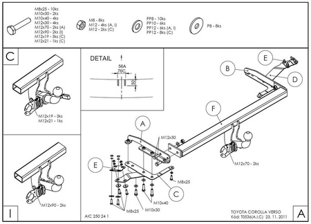 Фаркоп оцинкованный с быстросъемным шаром Galia для Toyota Corolla (2004-2009) T053C