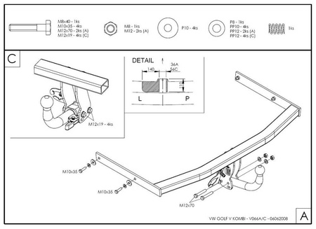 Фаркоп оцинкованный с быстросъемным шаром Galia для Volkswagen Golf универсал (2007-2012) V066C