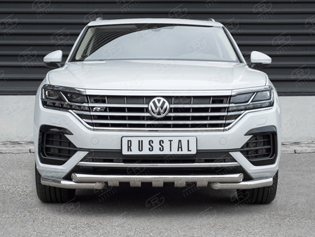 Защита переднего бампера d63 дуга-d63 уголки+клыки RUSSTAL Volkswagen Touareg (not 2.0 TSI) (2018-2024) VWTZ-003059