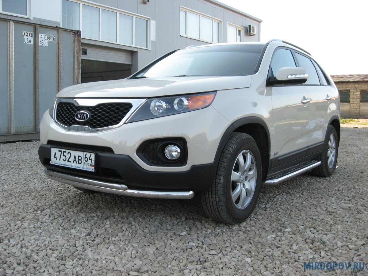 Защита переднего бампера d57+d42 радиусная Kia Sorento (2010-2013) №  KS10-003 - купить по лучшей цене на mirdopov.ru