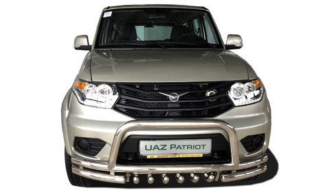 Защита переднего бампера «акула»+ низкая скоба UKO для Уаз Патриот (2014-2021) UAP.14.77